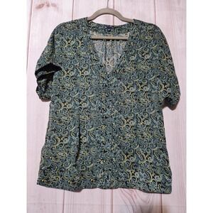 Gap Women XS Blue Green Paisley Chiffon VNeck Pleated Short Sleeve Blouse Sheer